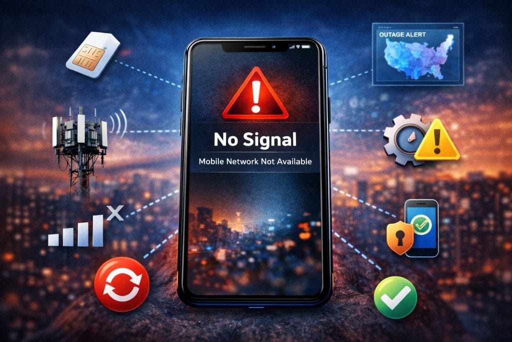 Mobile Network Not Available error on smartphone with troubleshooting icons and carrier towers, representing Android and iPhone fixes.