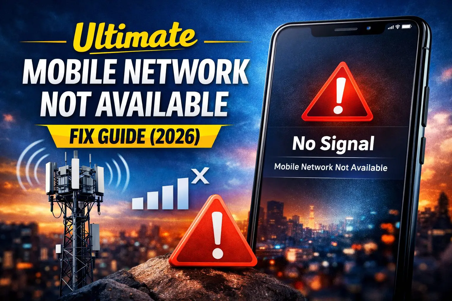 Mobile Network Not Available error on smartphone with carrier tower illustration, guide for Android and iPhone fixes.