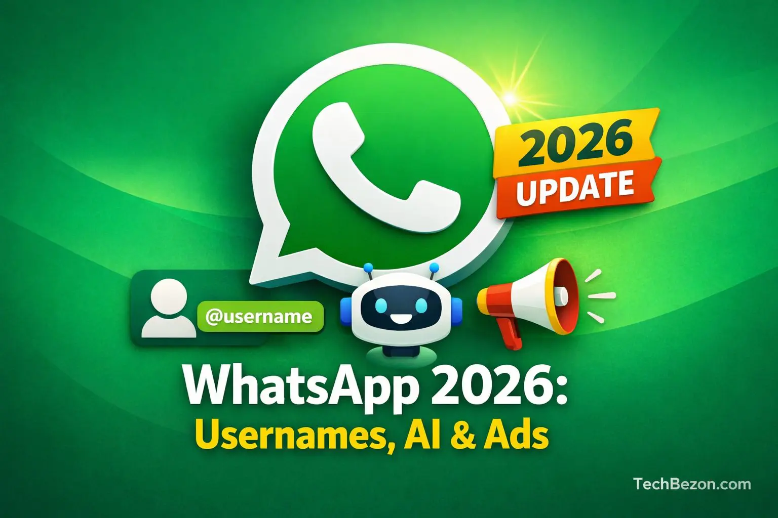 WhatsApp 2026 Update featured image showing usernames, AI integration, and ads with green gradient background and TechBezon.com branding