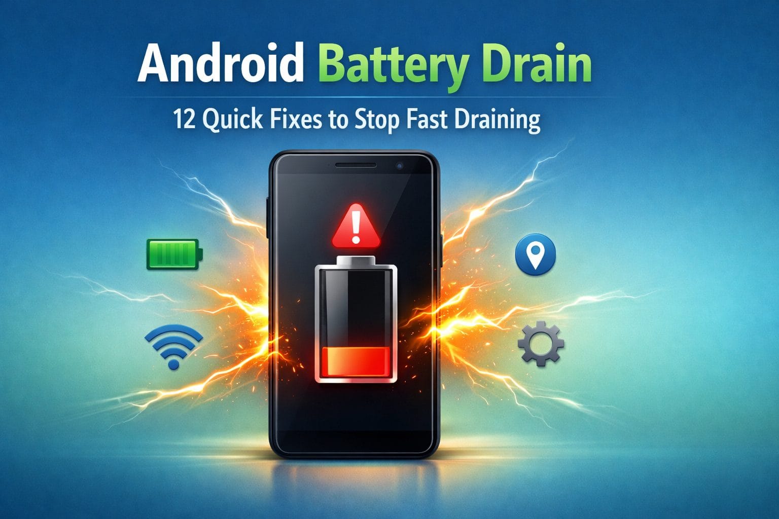 Android battery drain: smartphone showing low battery icon with energy drain graphics and quick fixes tips
