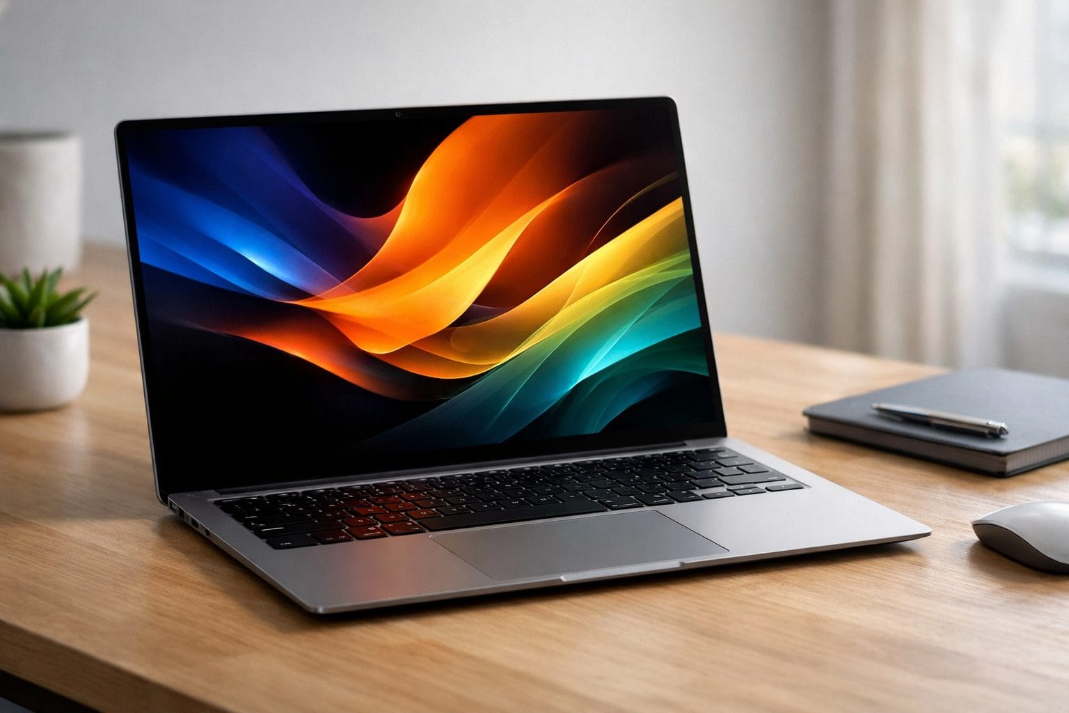 Samsung Galaxy Book4 Pro laptop with vibrant AMOLED display on a wooden desk, ready for professional and student use
