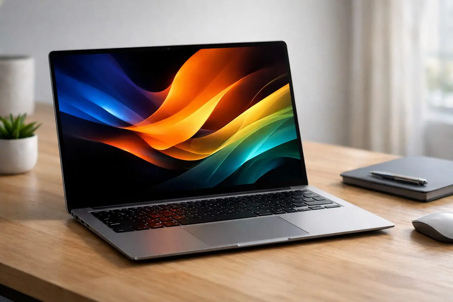 Samsung Galaxy Book4 Pro laptop with vibrant AMOLED display on a wooden desk, ready for professional and student use