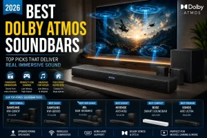 Modern Dolby Atmos soundbar setup with immersive surround speakers, wireless subwoofer, and cinematic home theater lighting in 2026