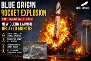 Blue Origin New Glenn rocket explosion during hot-fire test at Cape Canaveral Space Force Station causing massive fireball and damage to Launch Complex 36