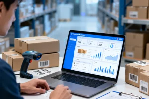 Entrepreneur using best inventory management software for small businesses on laptop with digital inventory dashboard showing stock levels, ecommerce shipping boxes, barcode scanner and warehouse background