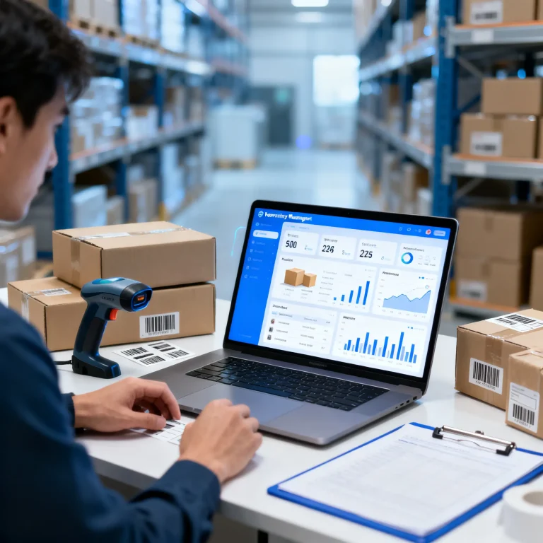 Entrepreneur using best inventory management software for small businesses on laptop with digital inventory dashboard showing stock levels, ecommerce shipping boxes, barcode scanner and warehouse background