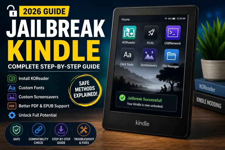 Jailbreak Kindle 2026 guide showing KOReader, custom fonts, screensavers, and Kindle modding tools on an e-reader device