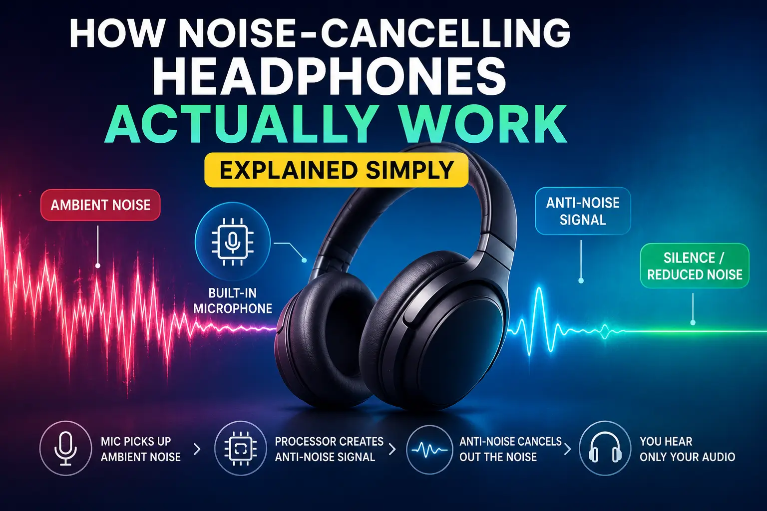 Explain how noise-cancelling headphones actually work with microphones, anti-noise sound waves, and ANC technology diagram