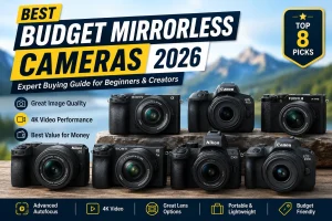 Best budget mirrorless cameras in 2026 featuring Canon EOS R50, Sony ZV-E10 II, Fujifilm X-M5, Nikon Z50 II, Canon EOS R100, Sony a6100, and Nikon Z30 for beginners, travel, photography, and content creation.