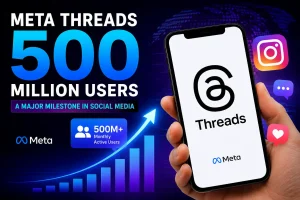 Meta Threads 500 million users milestone infographic showing rapid social media growth with smartphone app interface and rising analytics chart in 2026
