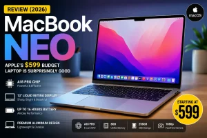 MacBook Neo Review 2026 featuring Apple's $599 budget laptop with A18 Pro chip, Liquid Retina display and premium aluminum design
