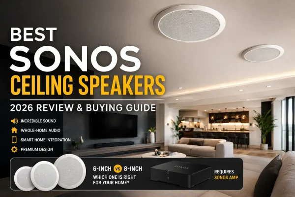 Modern living room with Sonos ceiling speakers installed in ceiling, smart home audio system with Sonos Amp, in-ceiling speaker setup for whole-home audio 2026