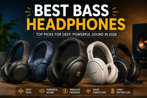 Best Bass Headphones in 2026 featuring Sony WH-1000XM6, Skullcandy Crusher ANC 2, Sony ULT WEAR, JBL Tune 770NC, Bose QuietComfort, Audeze Maxwell, and Meze 99 Classics