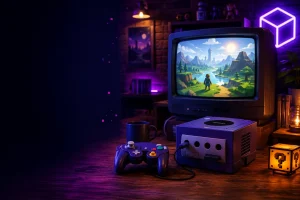 Retro gaming setup representing the best GameCube games with a classic console-inspired gaming atmosphere