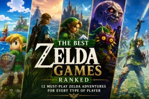 Best Zelda Games ranked featuring Tears of the Kingdom, Breath of the Wild, Ocarina of Time, Majora's Mask, Wind Waker, and Twilight Princess