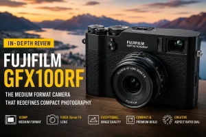 Fujifilm GFX100RF medium format camera featured review thumbnail showing 102MP compact rangefinder-style design with professional photography setup