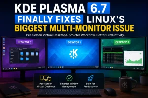 KDE Plasma 6.7 multi-monitor setup showing per-screen virtual desktops across three displays, highlighting Linux's latest productivity and workspace management improvements.