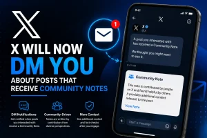 Illustration of X Community Notes DM notifications showing how X alerts users when posts they interacted with receive a Community Note.